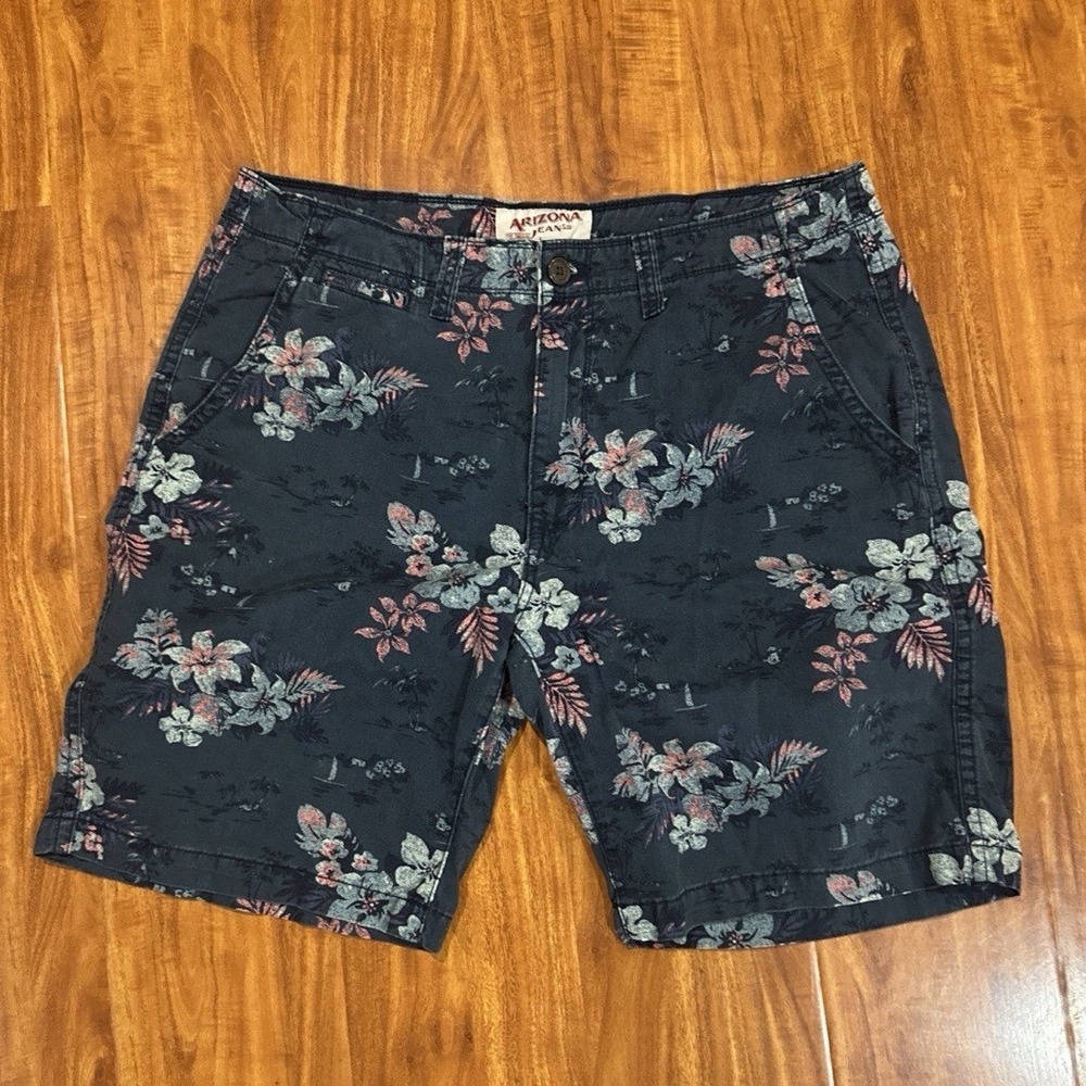 Arizona Size 36 Men's Shorts Mid‎ Rise Cotton Casual Zip Flowers Navy Tropicali